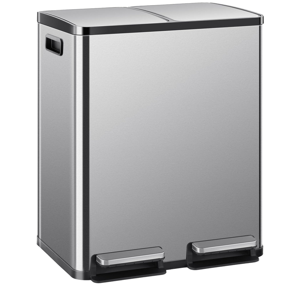 DUMOS dual trash can front view showing sleek stainless finish and compact footprint benefiting kitchen organization