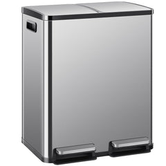 DUMOS dual trash can front view showing sleek stainless finish and compact footprint benefiting kitchen organization