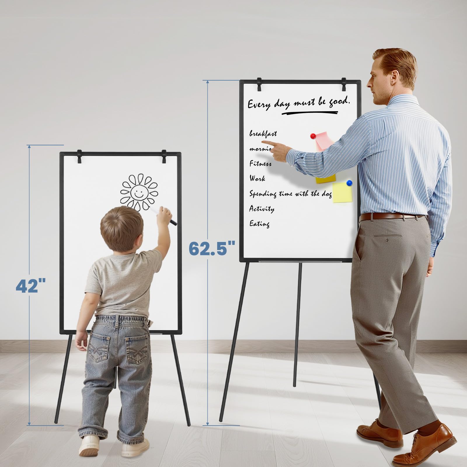 DUMOS easel beside a person for size comparison showing portable scale