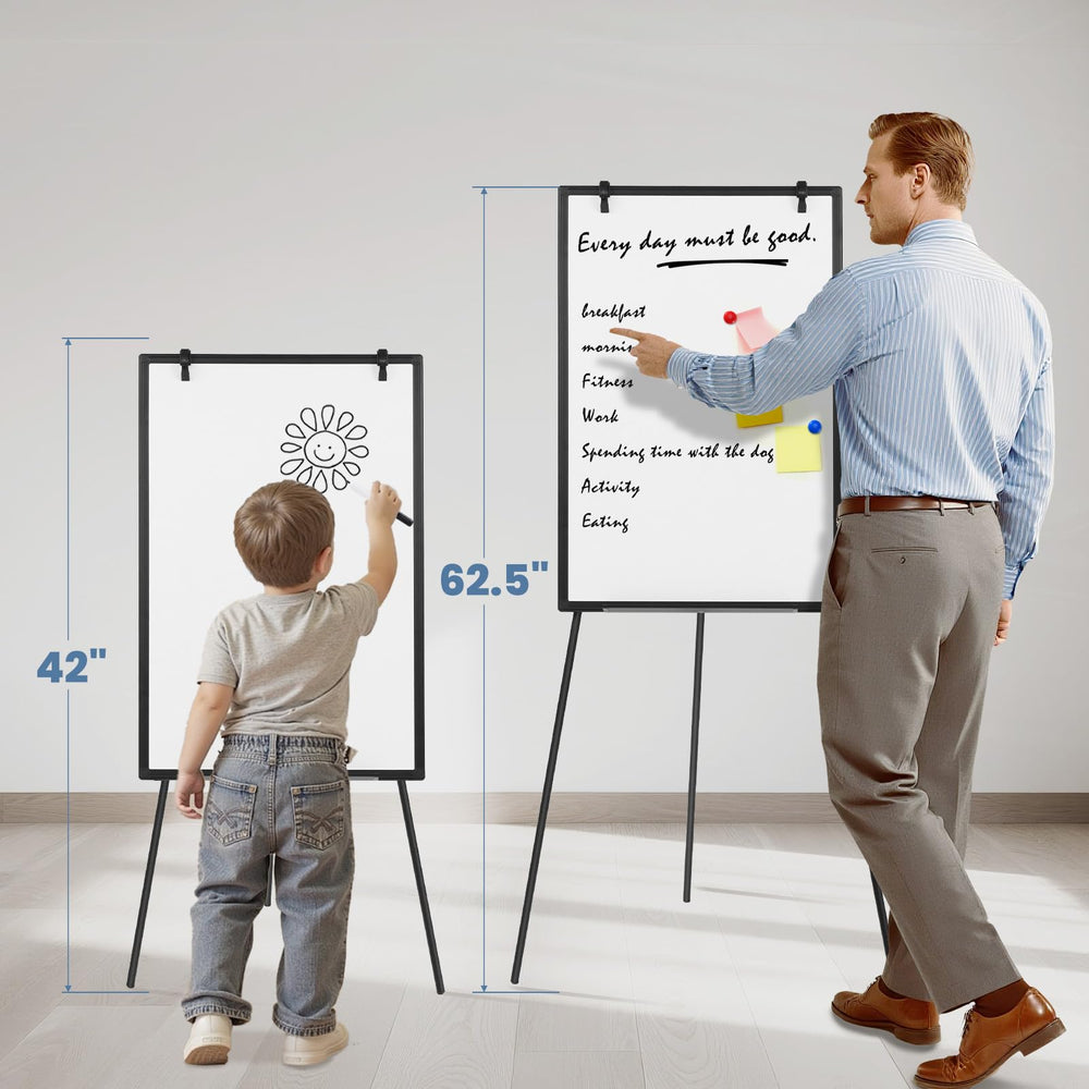 DUMOS easel beside a person for size comparison showing portable scale
