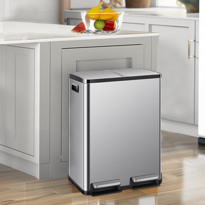 DUMOS trash can with open lids revealing two removable buckets for easy sorting and quick emptying