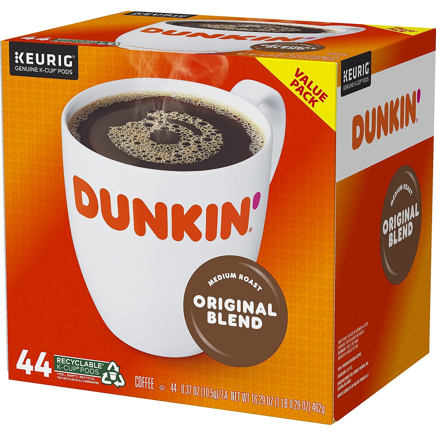 Dunkin' caja junto a mano para comparar el tamaño y la cantidad de 44 cápsulas