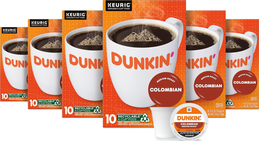 Dunkin' front packaging showing six-box bulk pack, convenient storage benefit