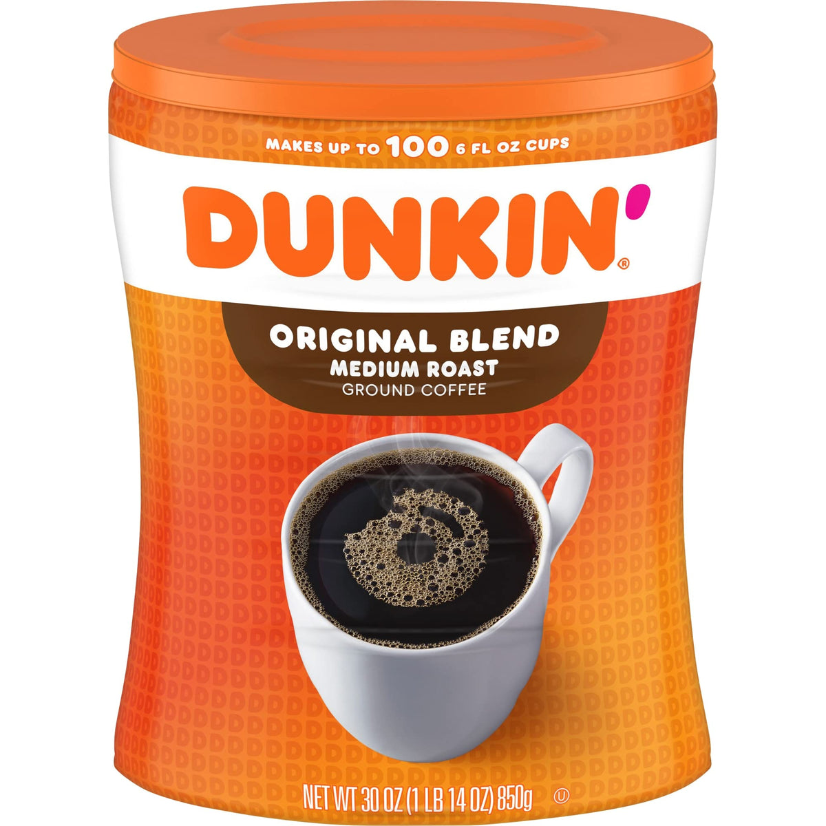 Dunkin' Original Blend front canister showing label and resealable lid for freshness