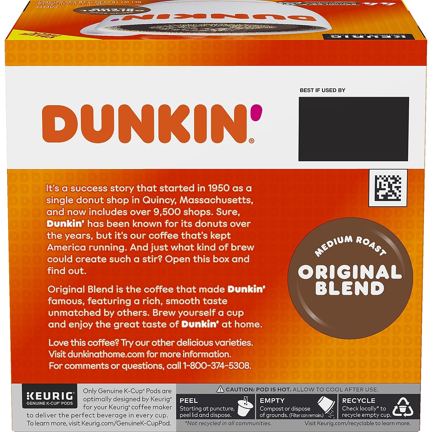 Dunkin' taza de café servida desde K-Cup que ilustra sabor suave y equilibrio