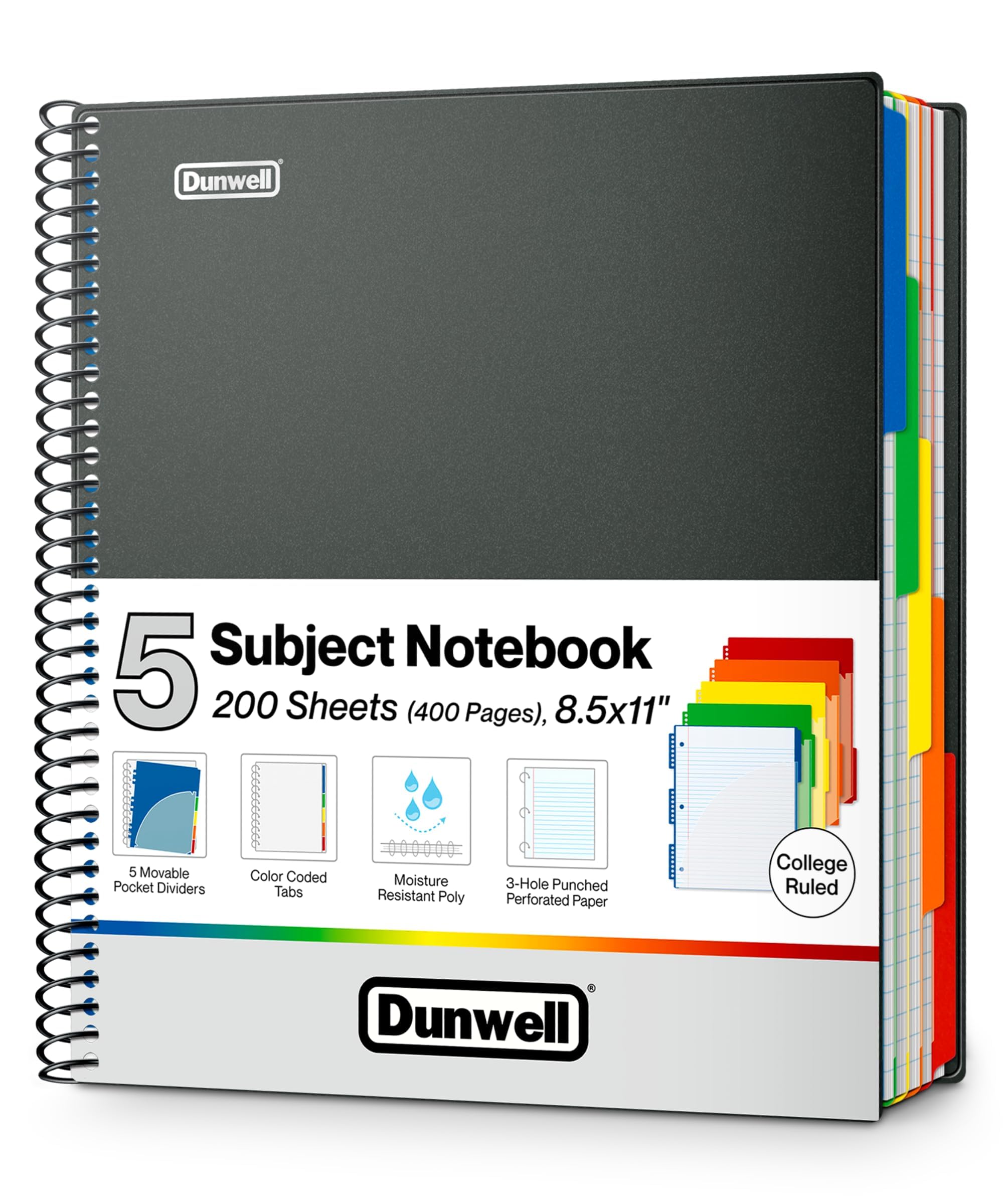 Dunwell cuaderno 5 materias vista frontal azul organización profesional