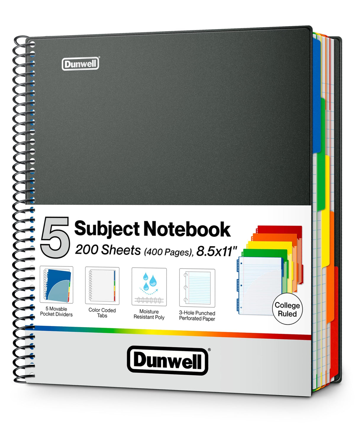 Dunwell cuaderno 5 materias vista frontal azul organización profesional