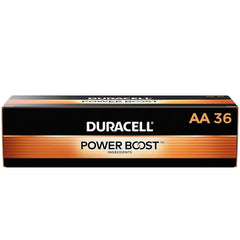 Duracell Coppertop AA 36-pack front packaging showing quantity and brand benefits