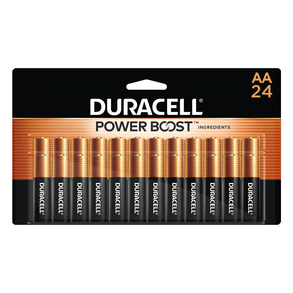 Duracell Coppertop AA vista frontal con 24 pilas lista para uso inmediato