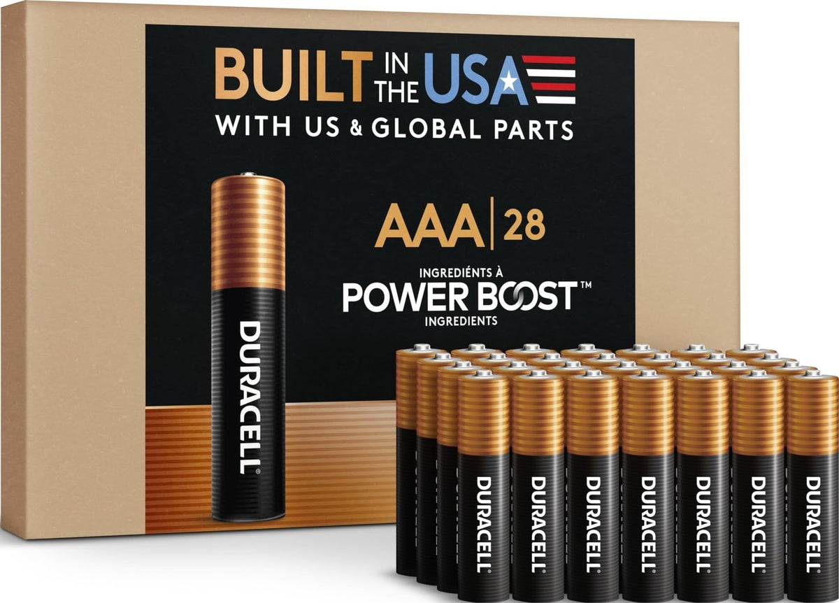 Duracell Coppertop paquete frontal mostrando 28 pilas y beneficios de almacenamiento