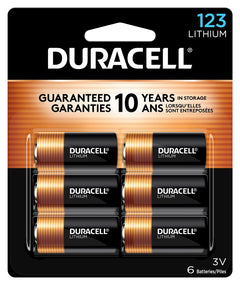 Duracell CR123A front packaging showing pack and 10-year storage guarantee benefit