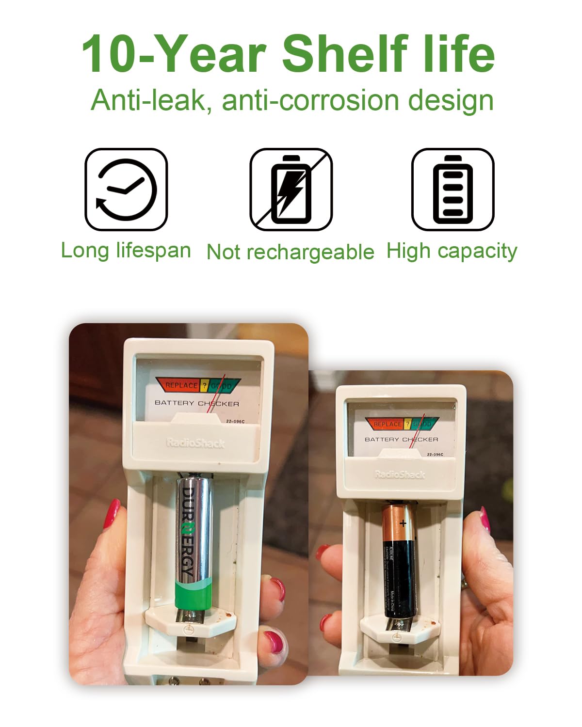 DURNERGY pilas AAA dispersas sobre mesa, alta capacidad visible