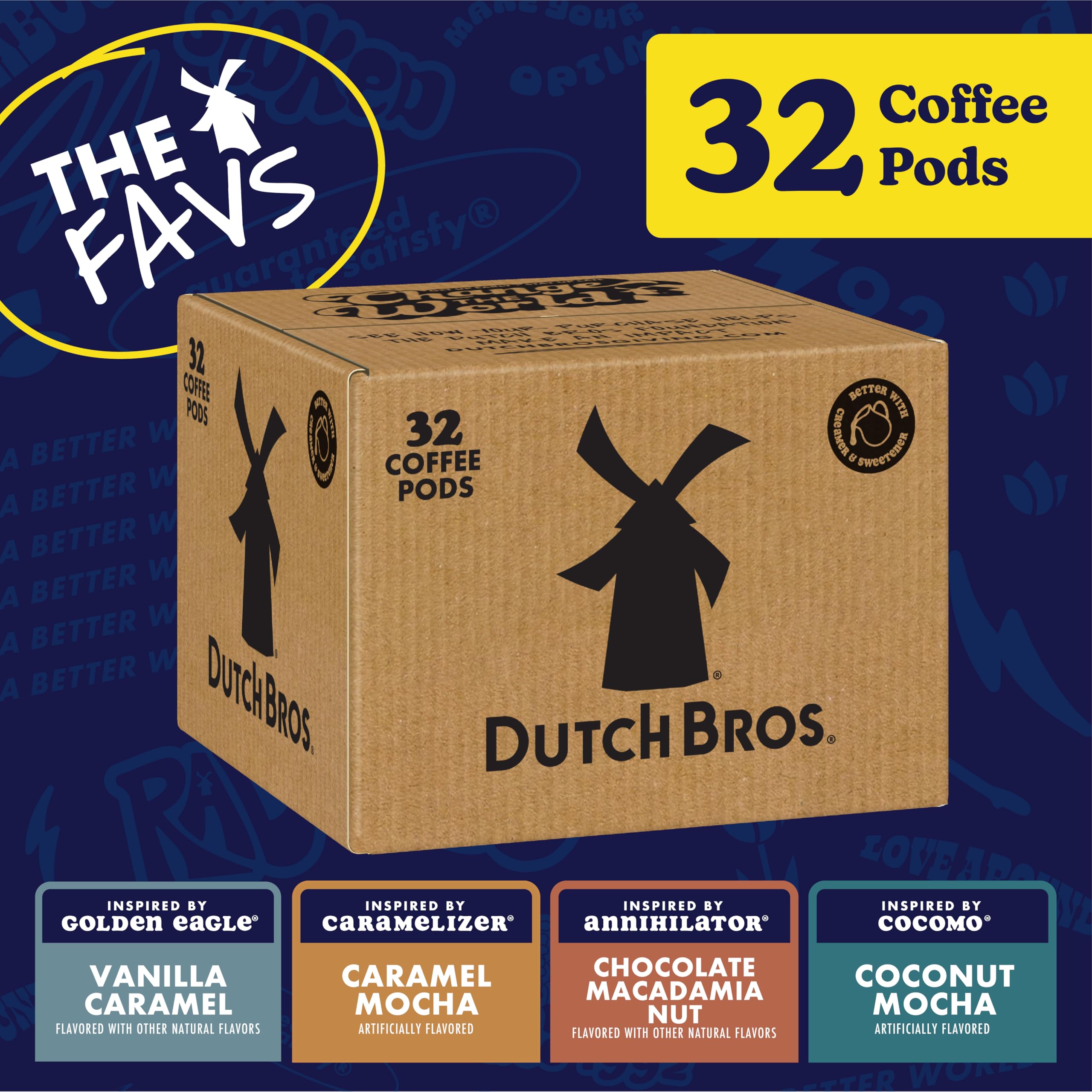 Dutch Bros cápsulas dispuestas ilustrando los cuatro sabores incluidos