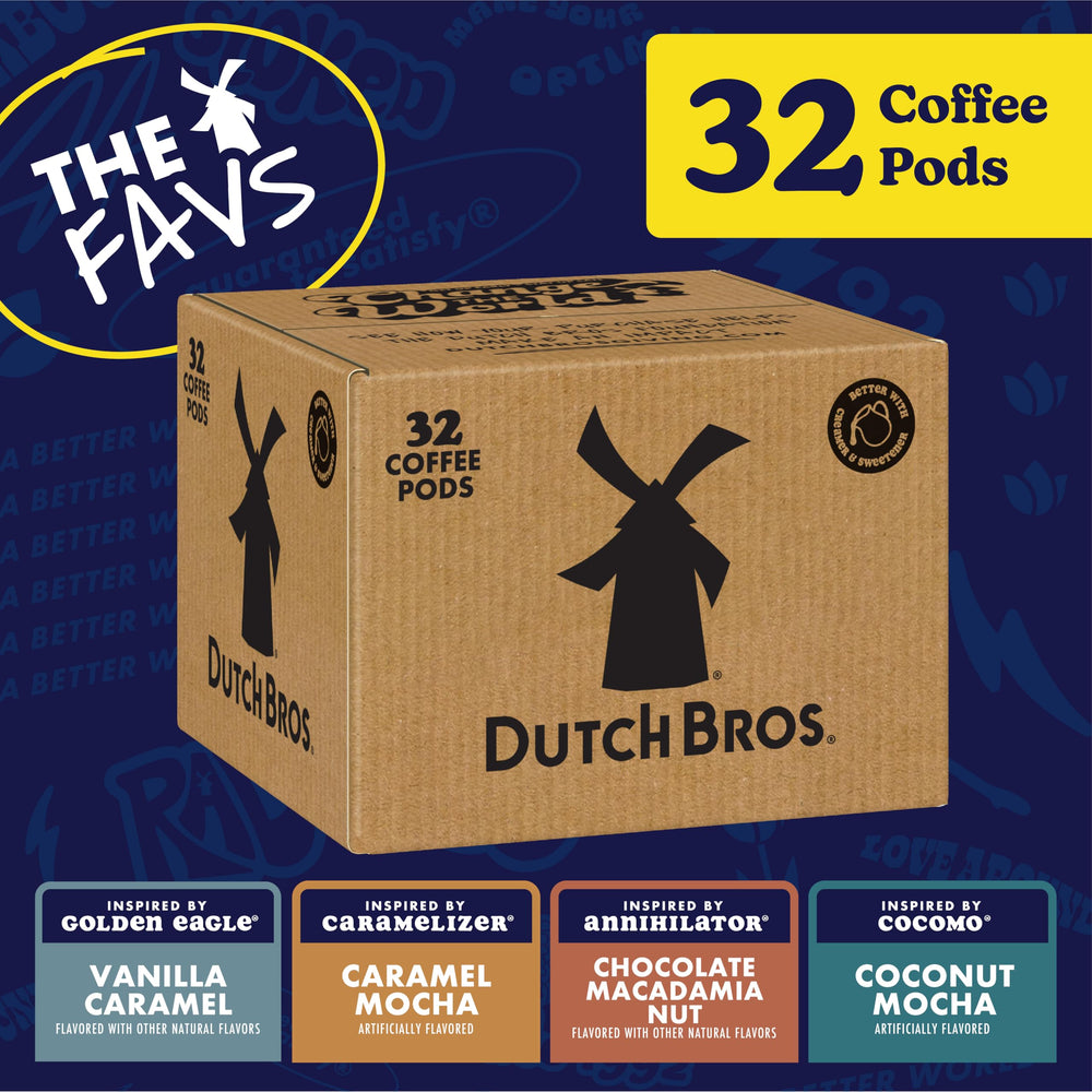 Dutch Bros cápsulas dispuestas ilustrando los cuatro sabores incluidos