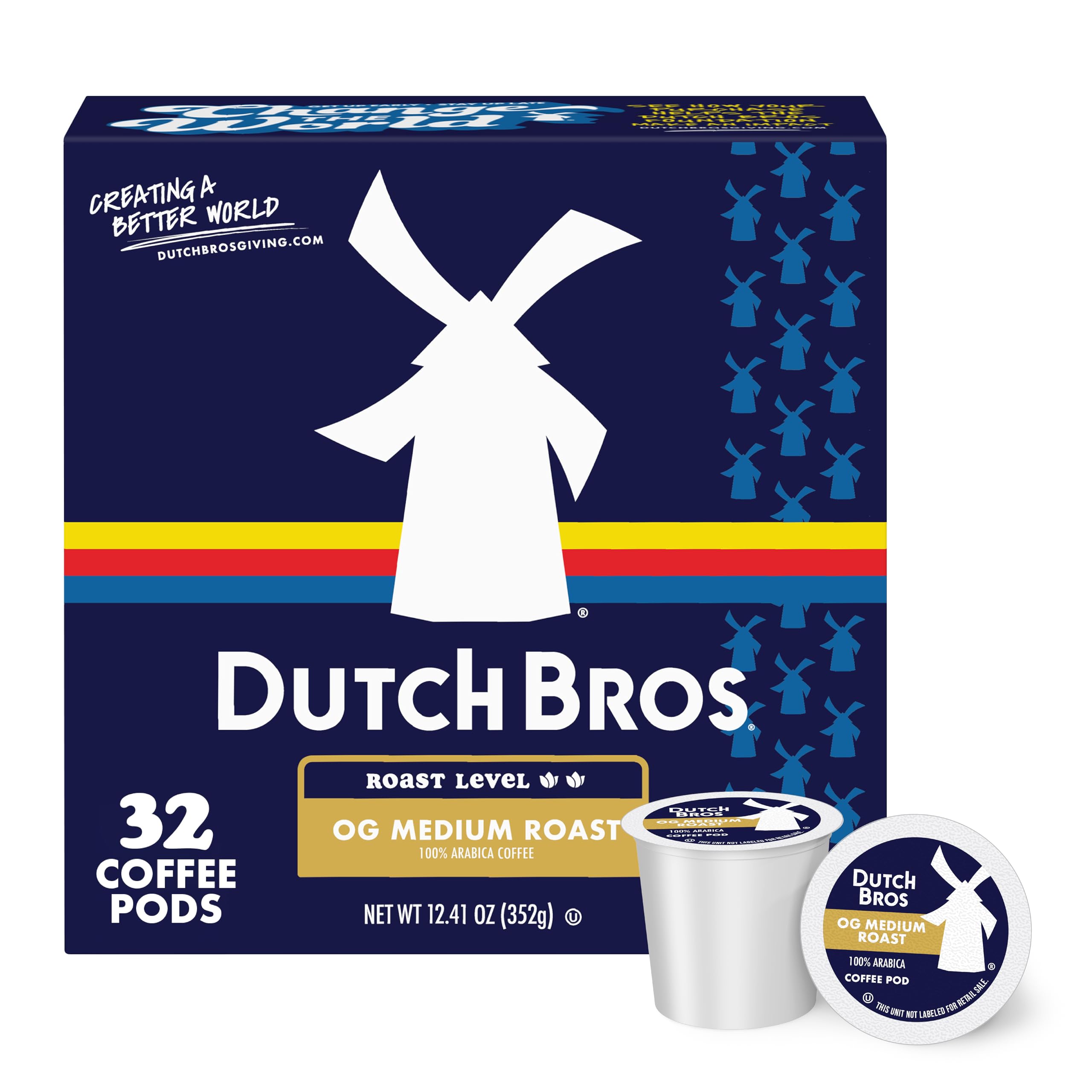 Dutch Bros caja frontal mostrando diseño de marca y descripción del producto