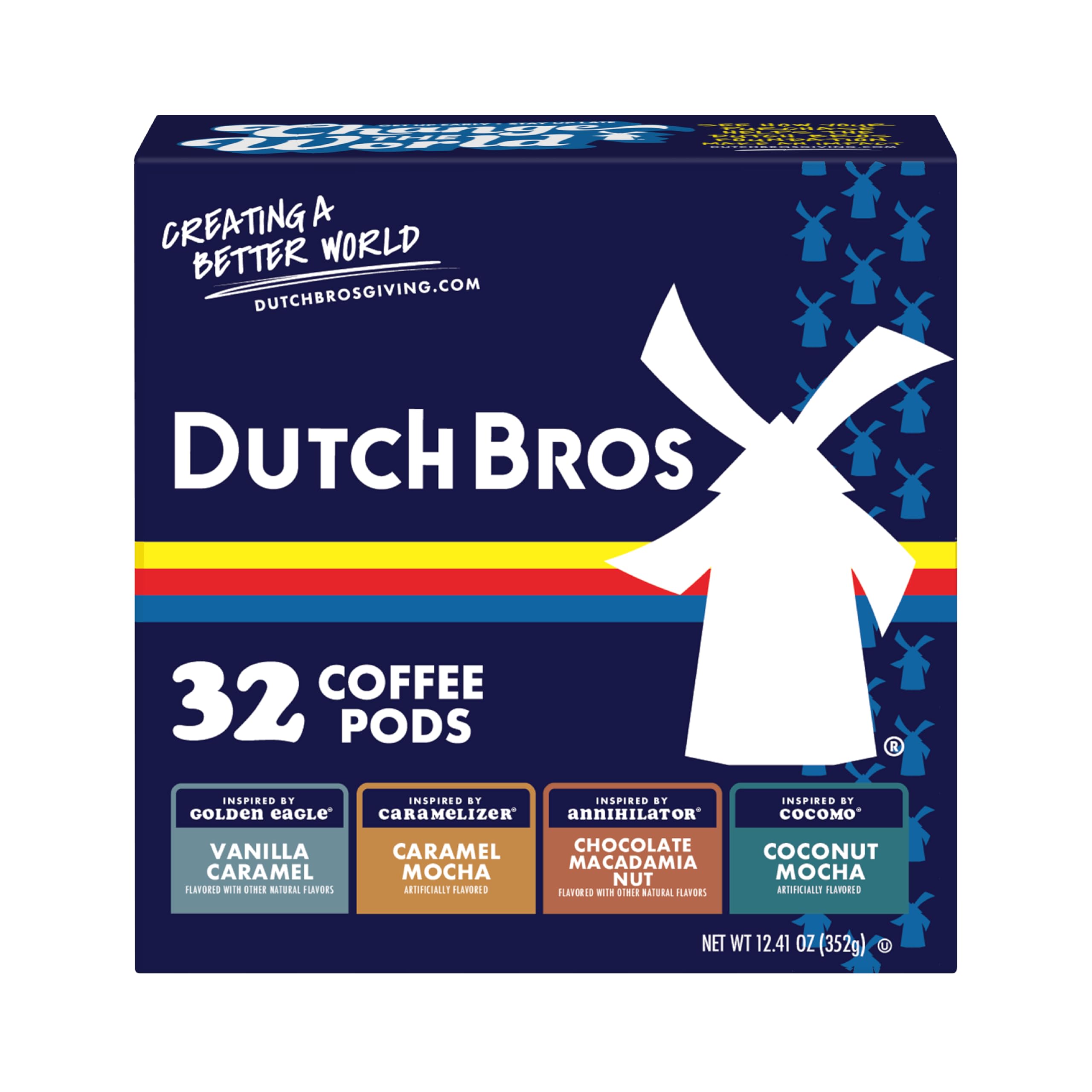 Dutch Bros pack frontal mostrando las 32 cápsulas y variedad de sabores