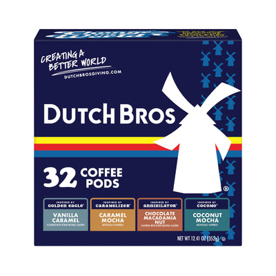 Dutch Bros pack frontal mostrando las 32 cápsulas y variedad de sabores