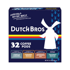 Dutch Bros pack frontal mostrando las 32 cápsulas y variedad de sabores