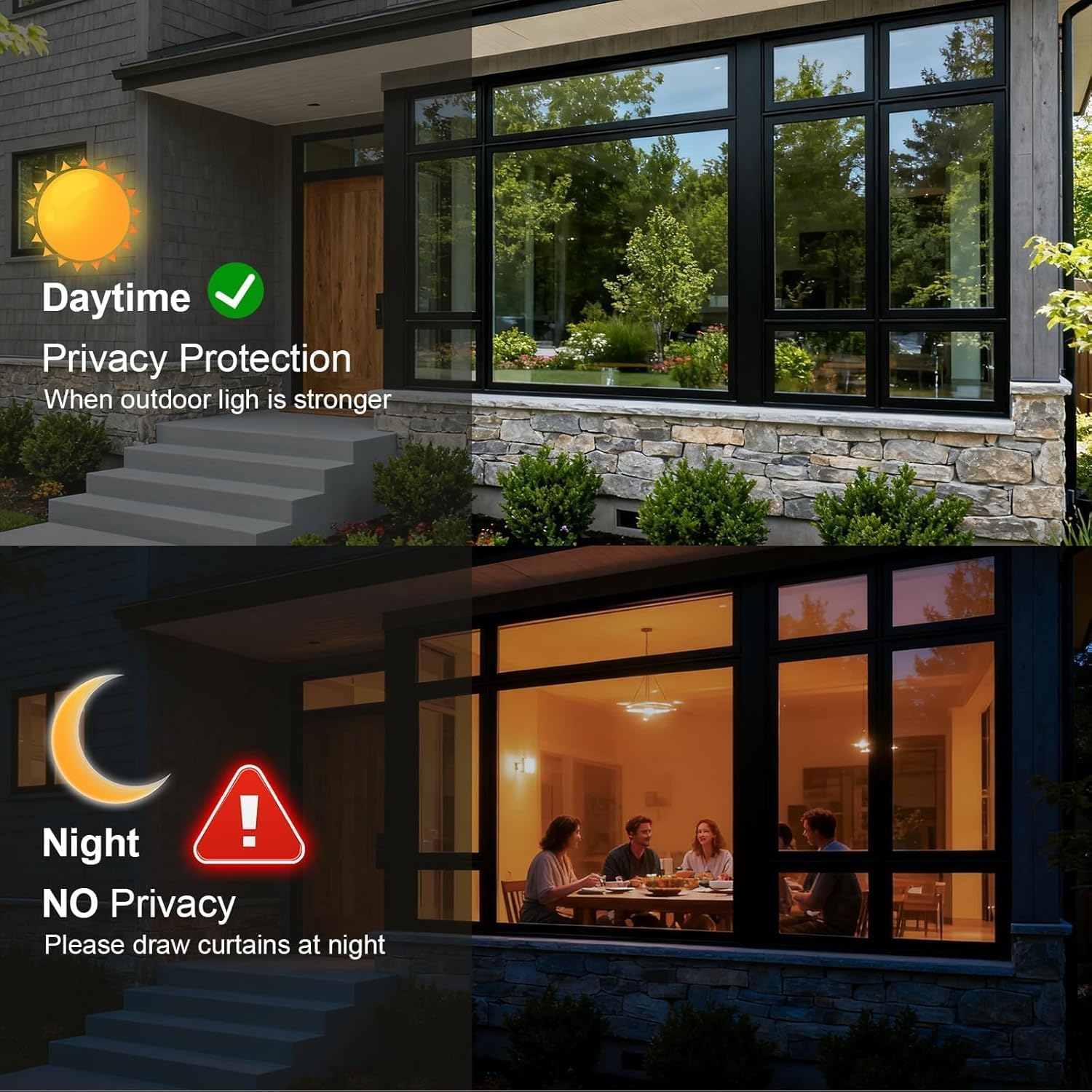 Dwersty vista exterior con efecto espejo diurno, garantiza privacidad temporal