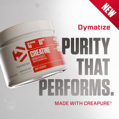 Dymatize primer plano del polvo Creapure con textura fina y pura