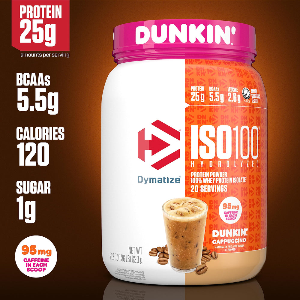 Vaso con batido Dymatize ISO100 cappuccino listo para beber, recuperación cómoda