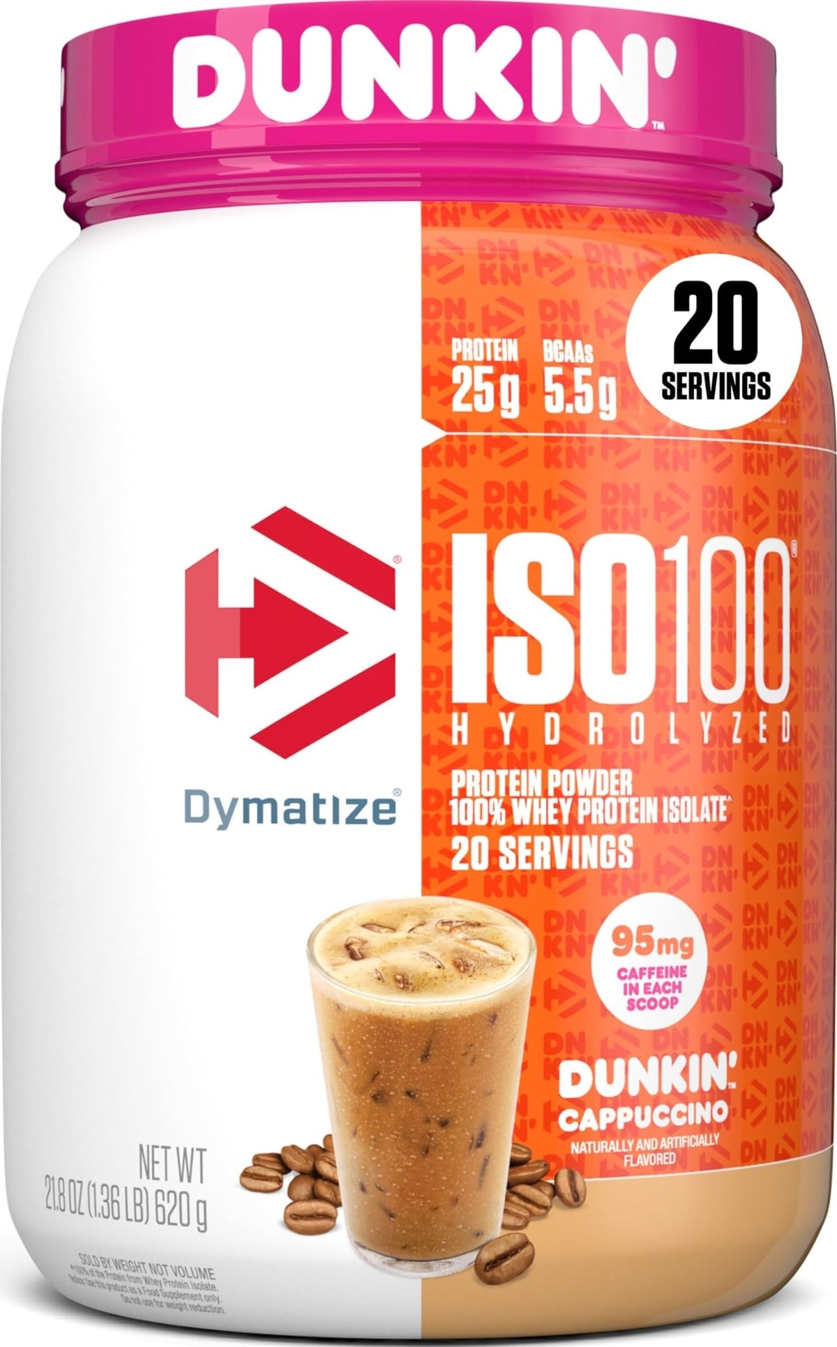 Dymatize ISO100 envase frontal cappuccino, embalaje claro y profesional