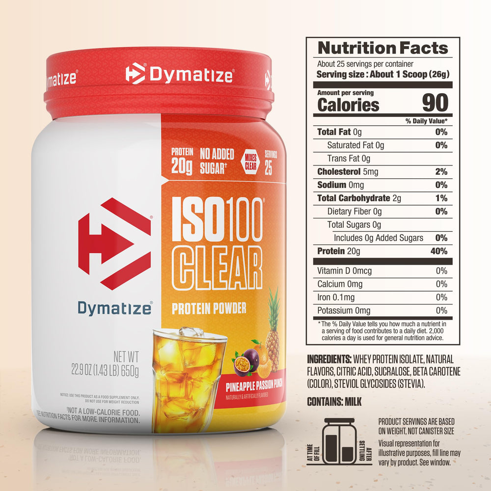 Dymatize ISO100 Clear etiqueta con información nutricional y beneficios visibles