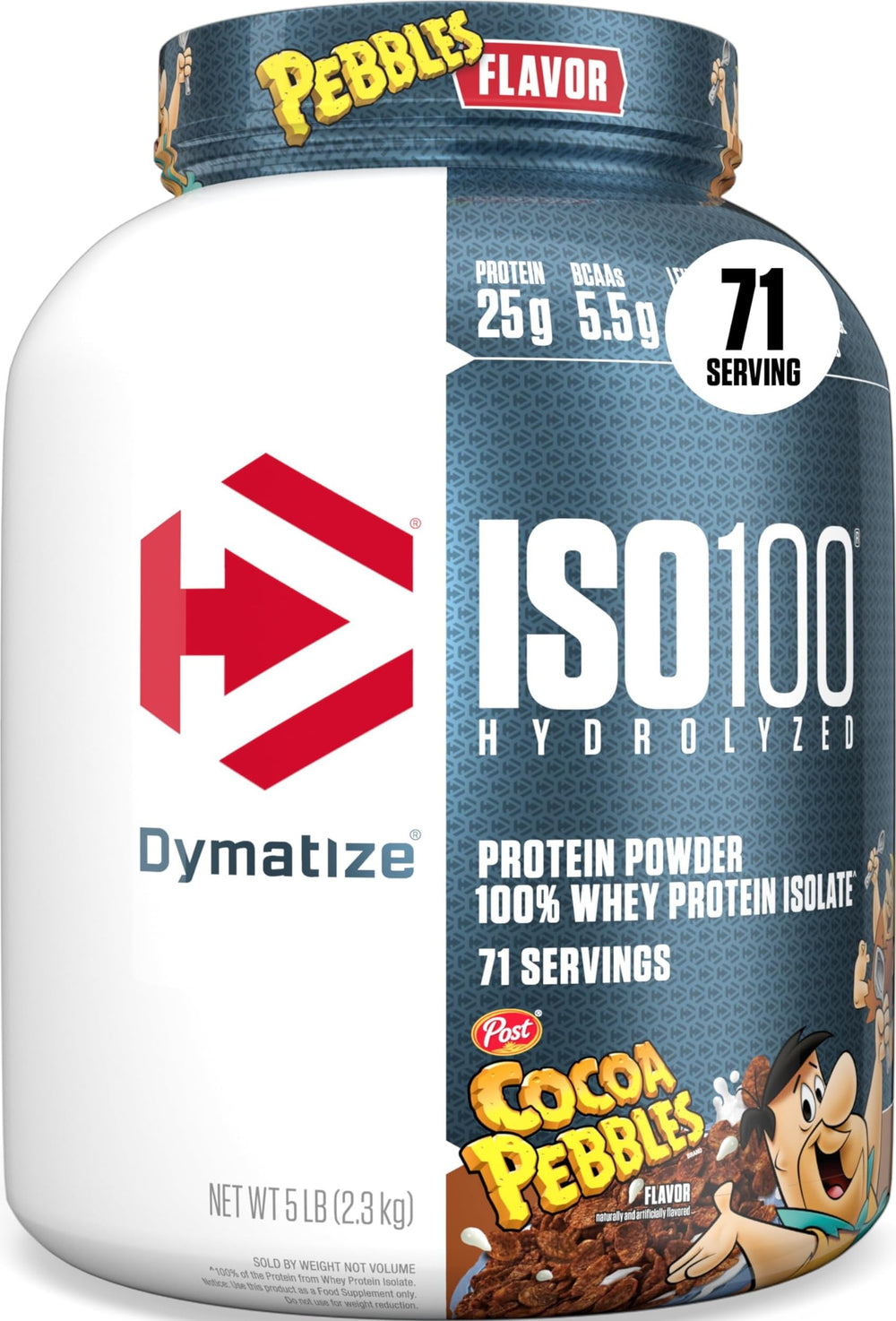 Dymatize ISO100 Cocoa Pebbles front packaging showing product benefit fast-absorbing protein