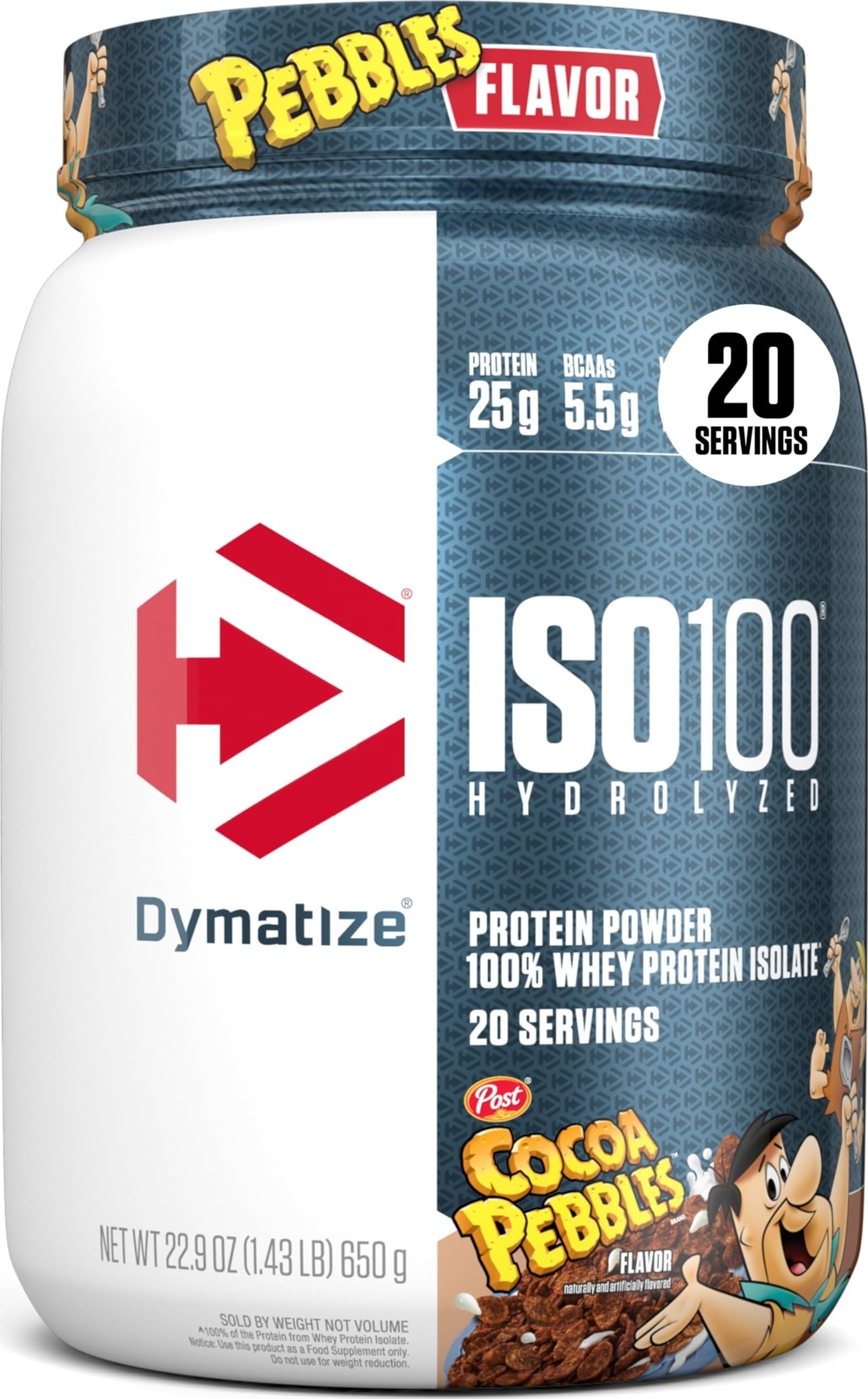 Dymatize ISO100 frente del envase mostrando marca y sabor Cocoa Pebbles, claridad y confianza