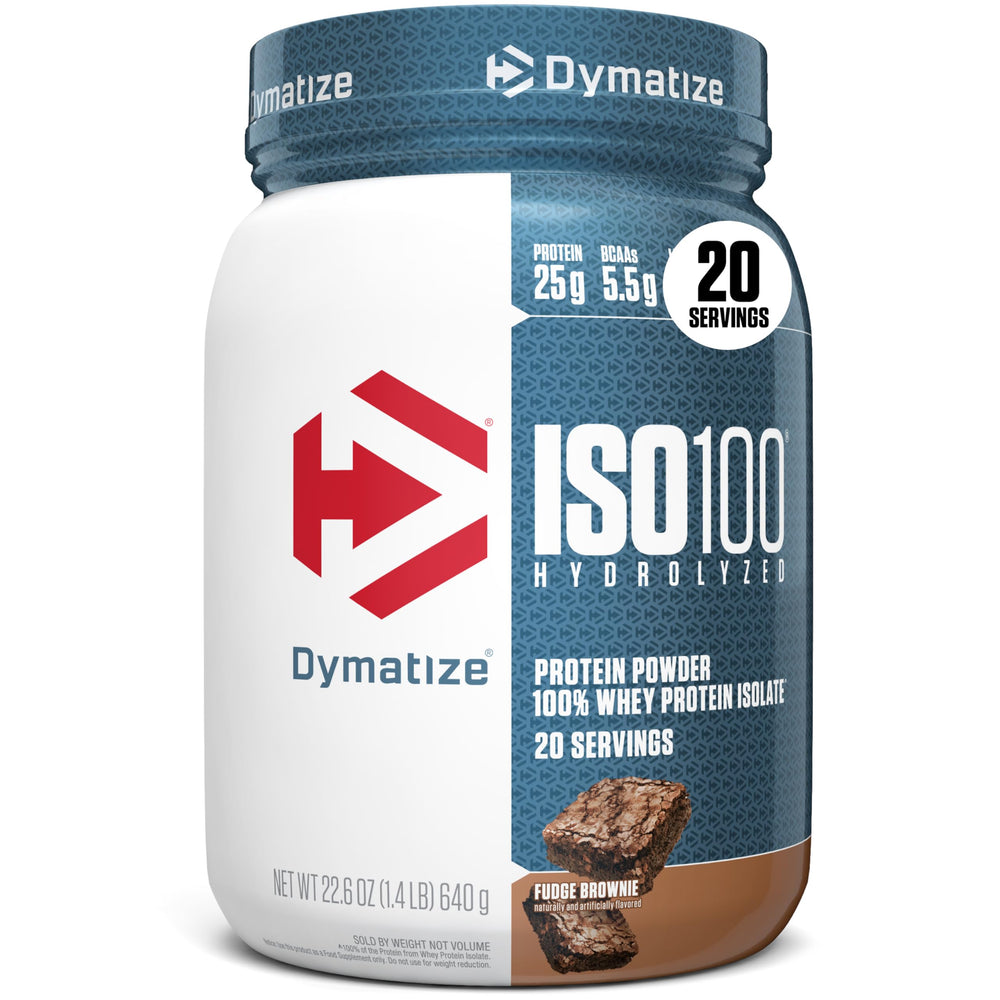 Dymatize envase frontal mostrando el sabor fudge brownie y claridad del producto
