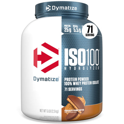 Dymatize ISO100 front packaging showing tub and flavor for easy identification