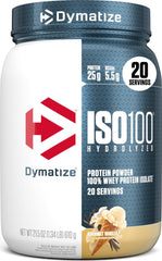 Dymatize ISO100 envase frontal gourmet vainilla mostrando diseño y ventaja de pureza