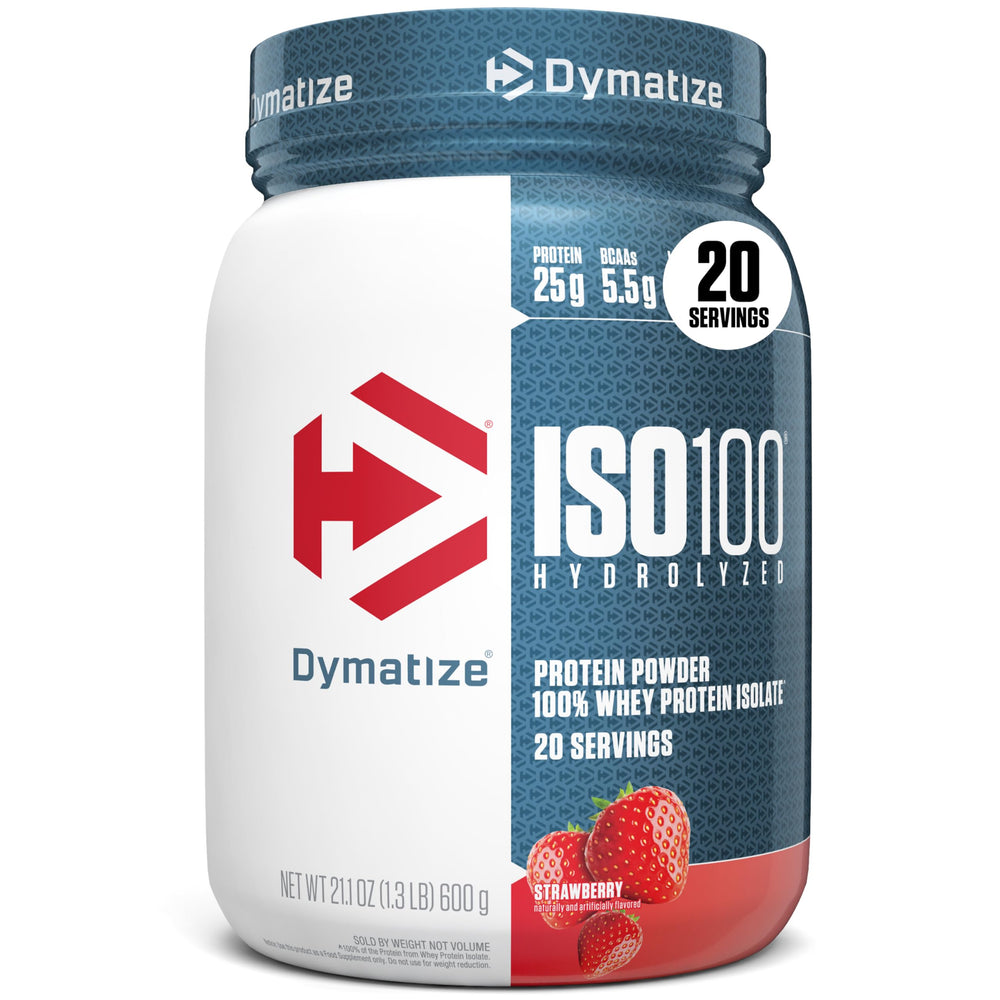 Dymatize ISO100 frontal del envase mostrando sabor fresa y beneficios claros