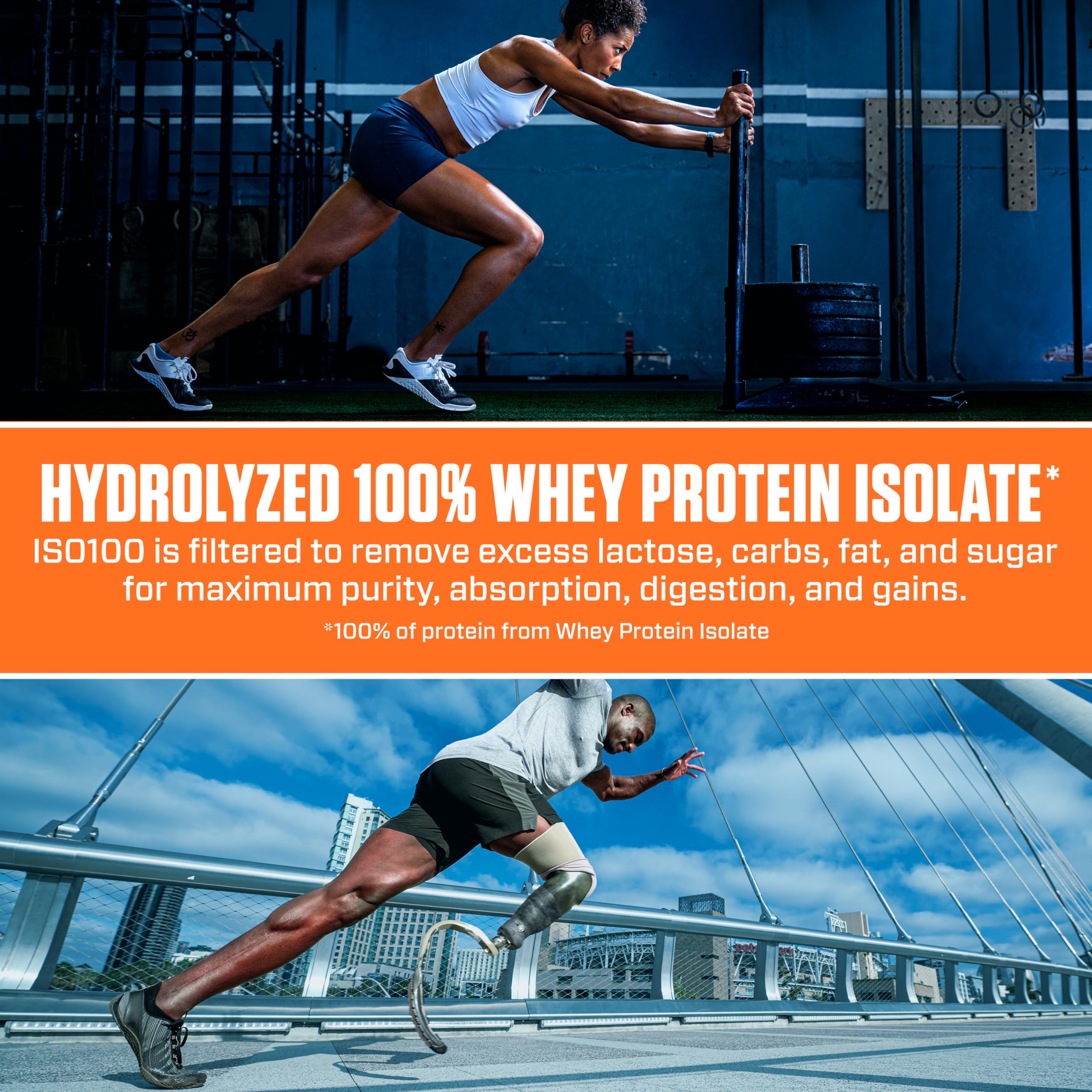 Dymatize ISO100 gym bottle on bench showing on-the-go recovery support