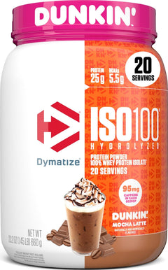 Dymatize ISO100 front tub showing label and benefits for quick purchase
