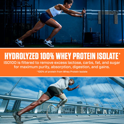 Dymatize ISO100 tub in hand for size and portability convenience