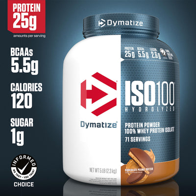 Dymatize ISO100 scoop close-up highlighting fine powder and quick dosing benefit