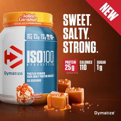 Dymatize textura del polvo Salty Caramel mostrando finura y mezcla rápida