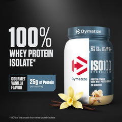 Dymatize ISO100 textura del polvo en primer plano, facil mezcla y rápida disolución