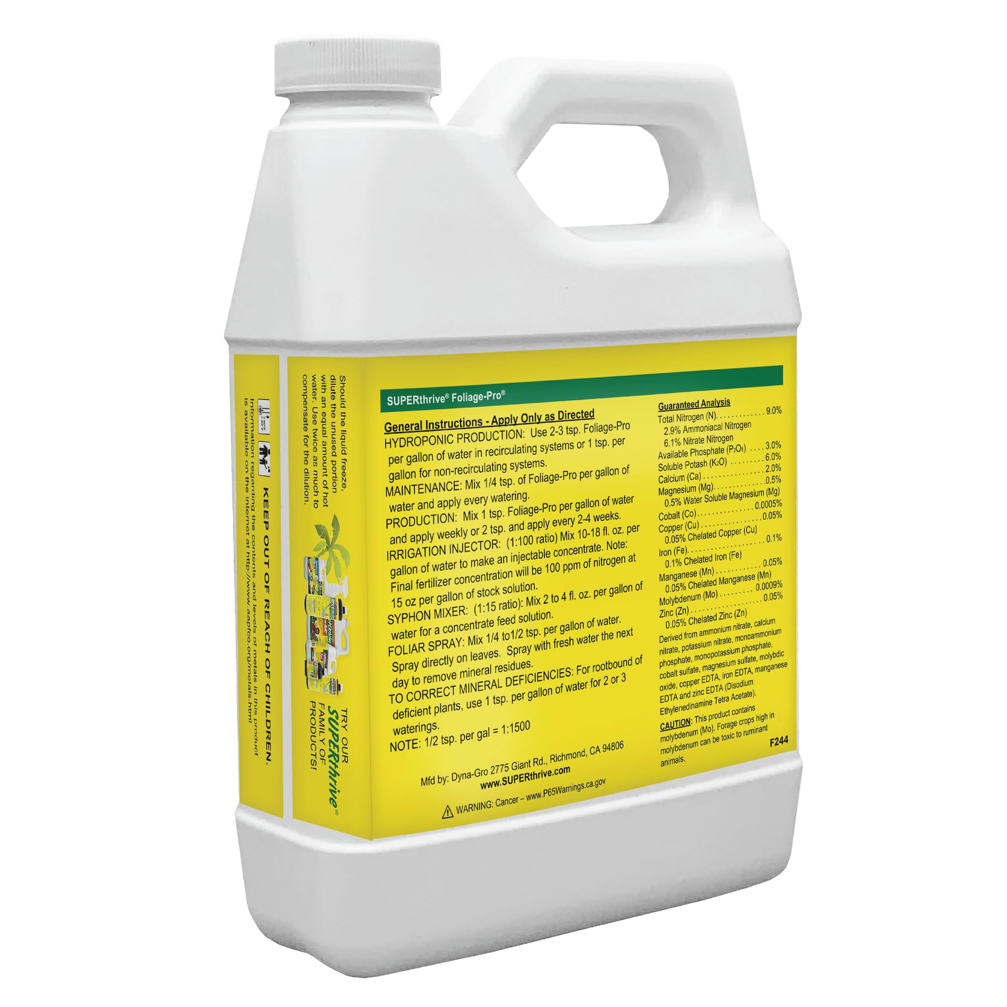 Dyna-Gro detalle de etiqueta con instrucciones legibles y comparación de nutrientes