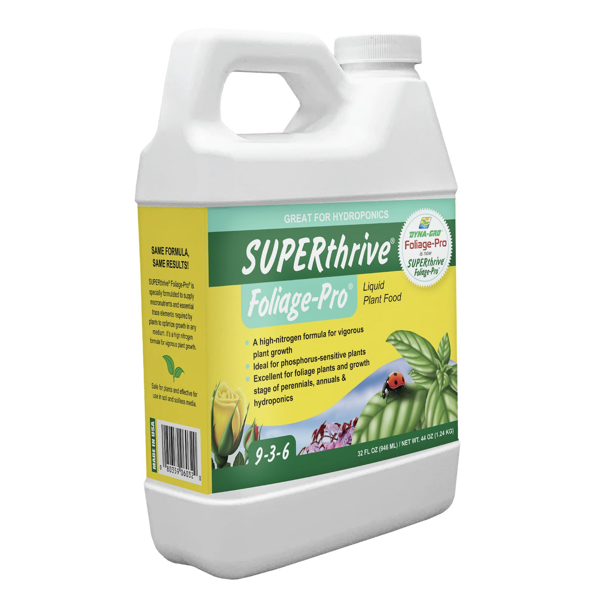 Dyna-Gro botella frontal mostrando etiqueta y beneficio de nutrición completa