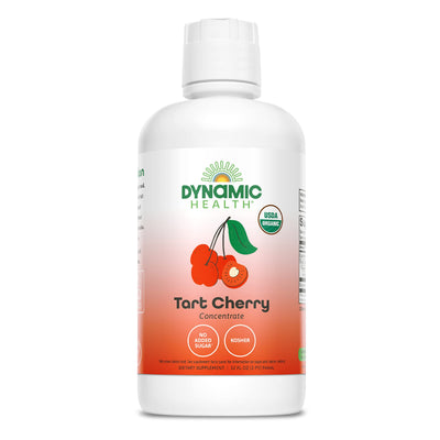 Dynamic Health front bottle view showing clear organic 32 fl oz concentrate, convenient storage benefit