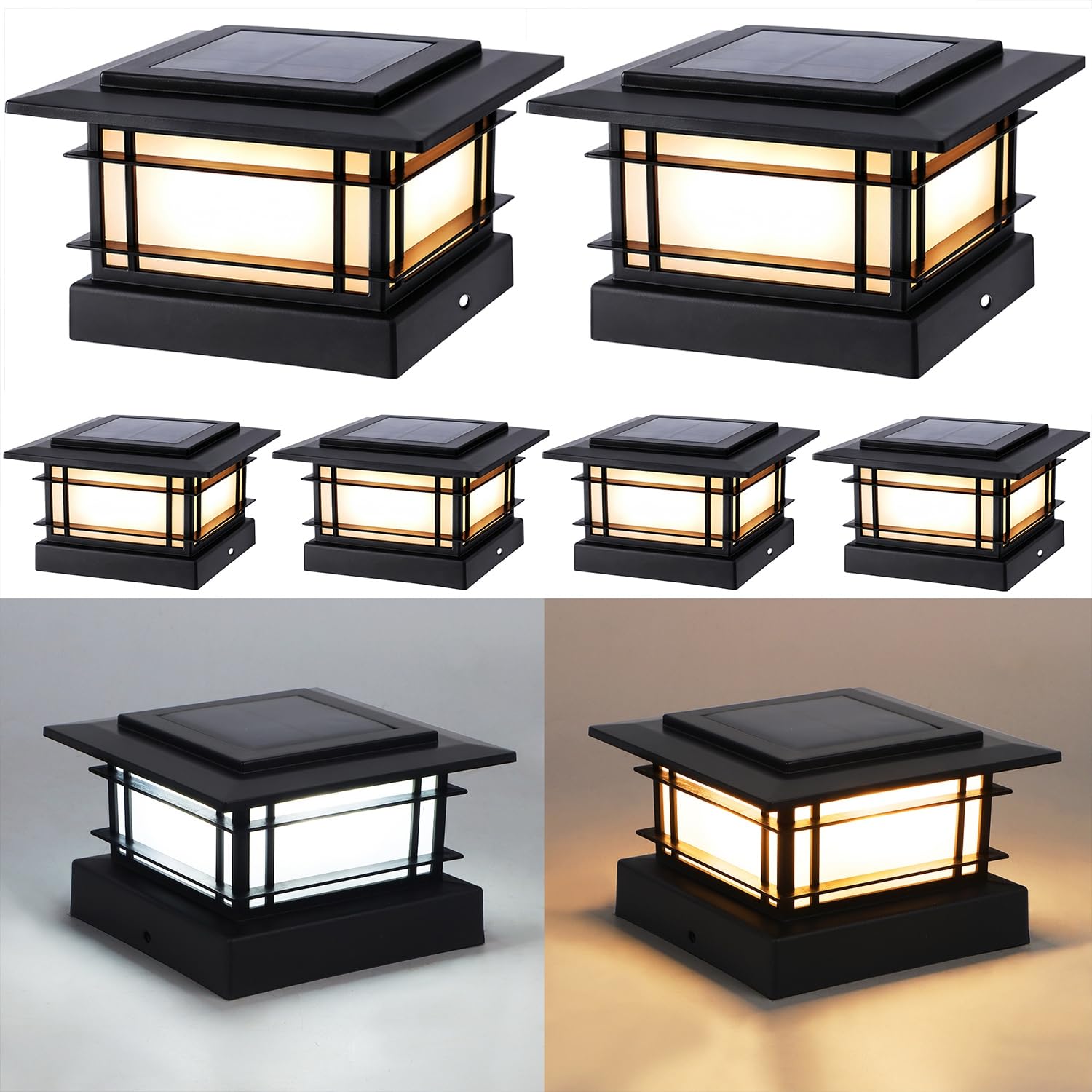 Dynaming front view of six black post cap lights showing modern design and bright curb appeal