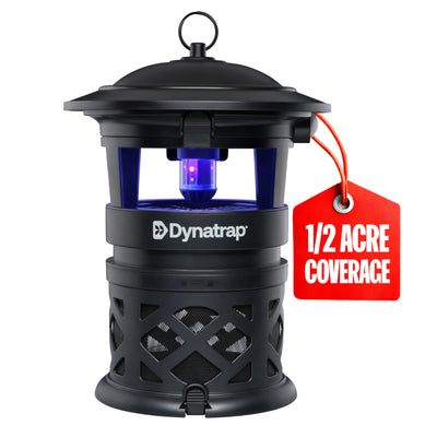 DynaTrap front view showing compact black housing and plug, promotes simple outdoor protection