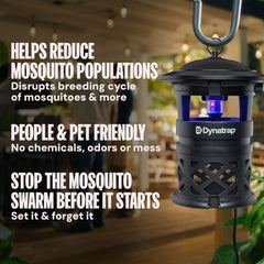 DynaTrap mounted on a patio near seating, draws insects away from people and gatherings