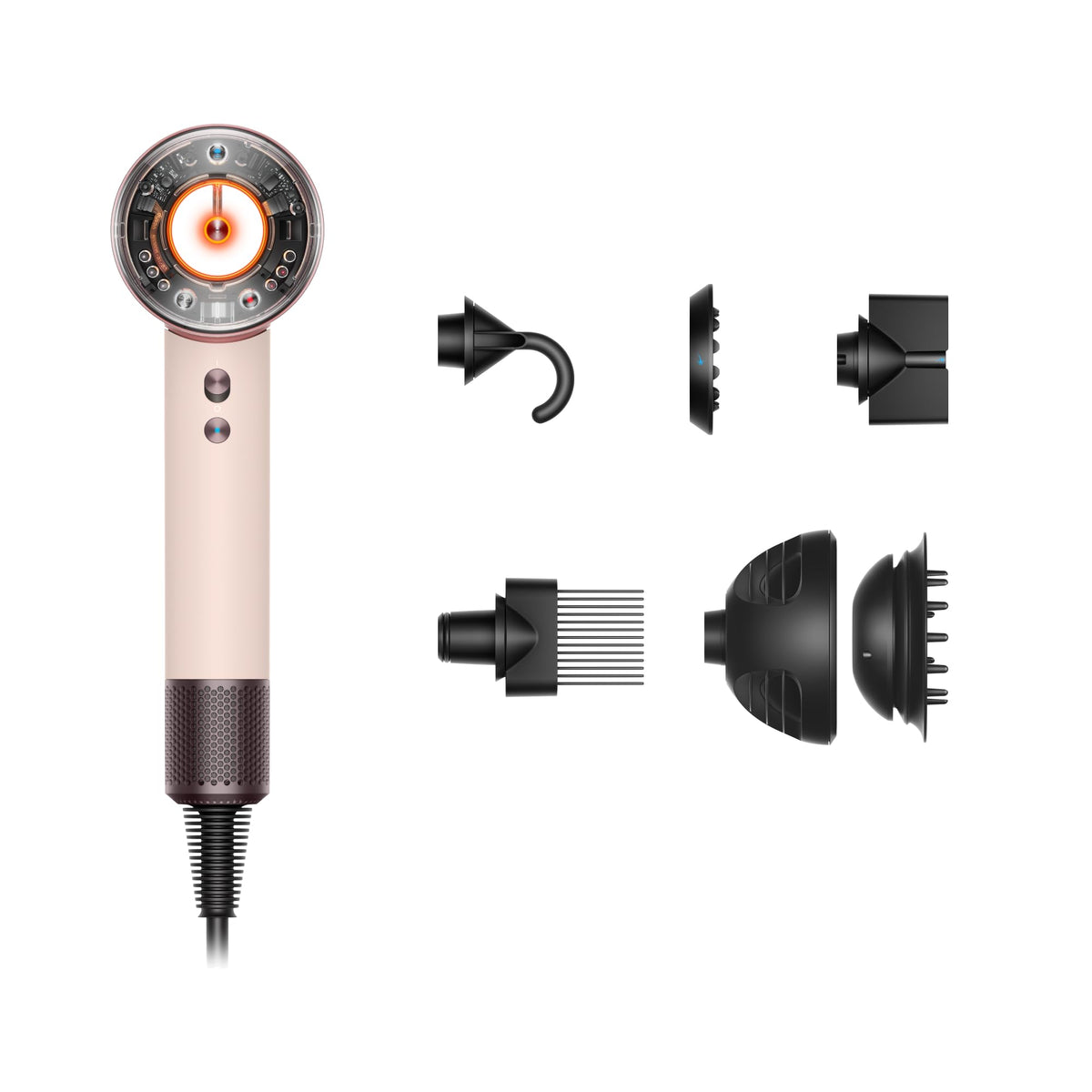 Dyson Supersonic Nural front view showing sleek ceramic pink body and easy controls for faster styling
