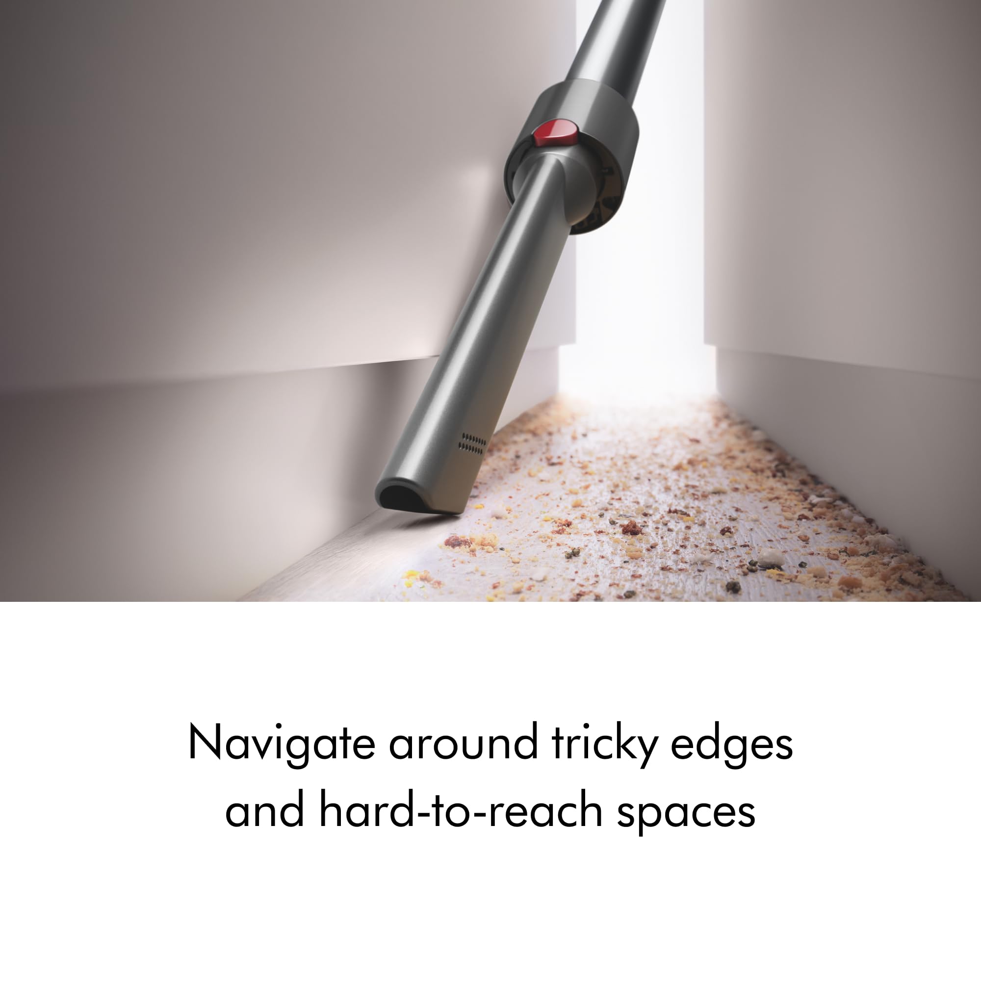 Dyson V8 filtration canister detail highlighting sealed system for cleaner expelled air