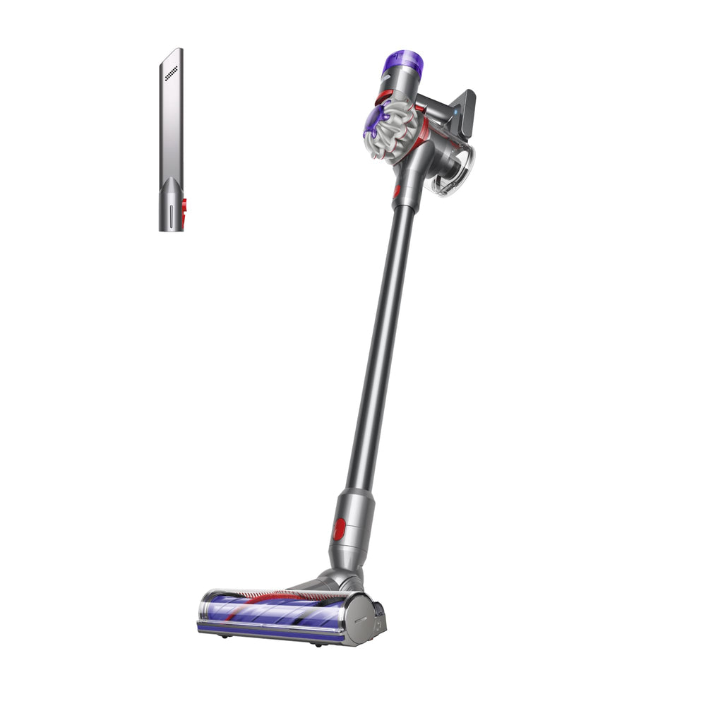 Dyson V8 front view of stick vacuum showing slim profile and easy storage benefit