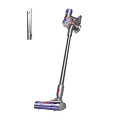 Dyson V8 front view of stick vacuum showing slim profile and easy storage benefit