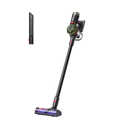Dyson V8 front profile showing compact stick form and streamlined design benefit lightweight handling